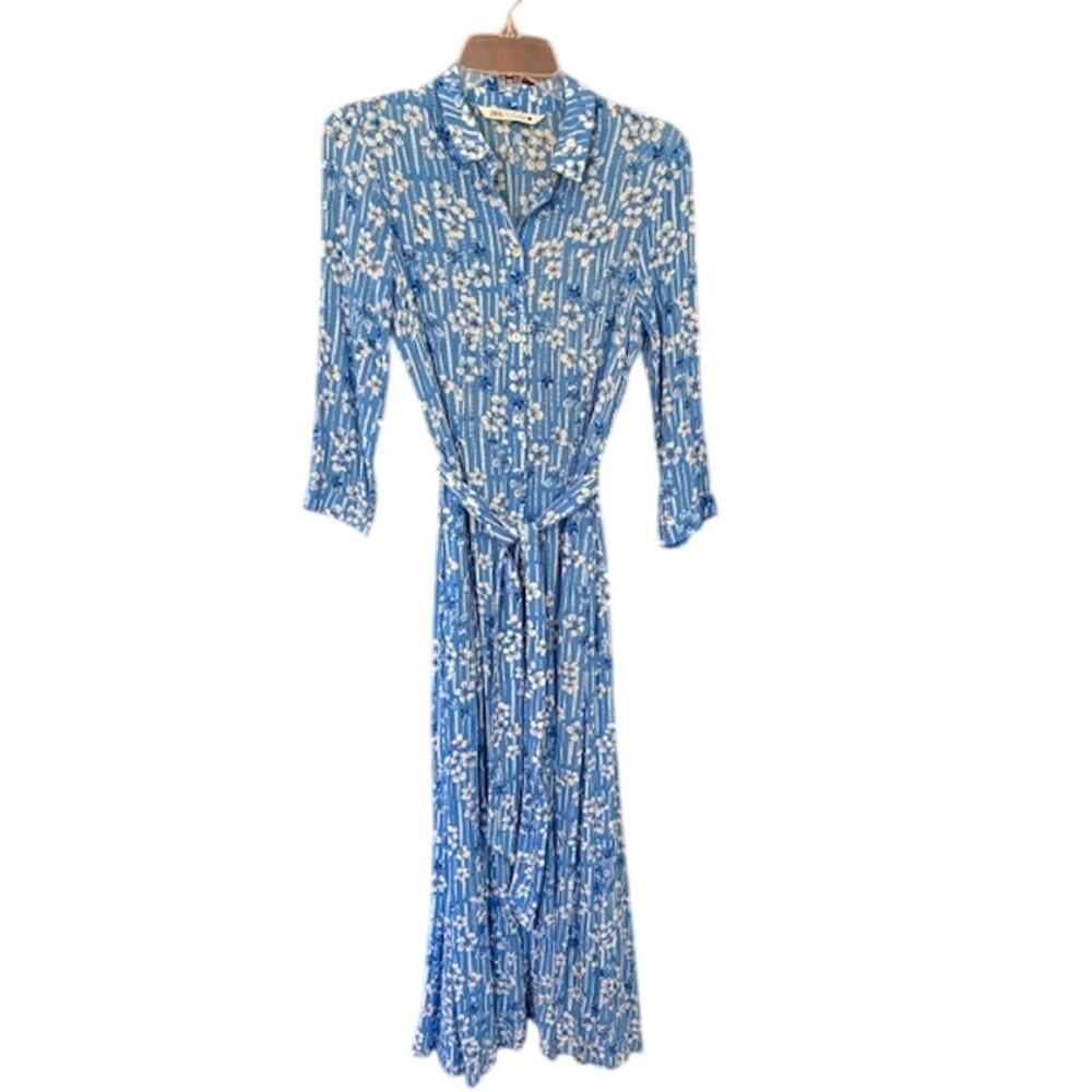 Zara “Marilyn” Belted Maxi Blue and White Floral Dress Size Small - Picture 8 of 8